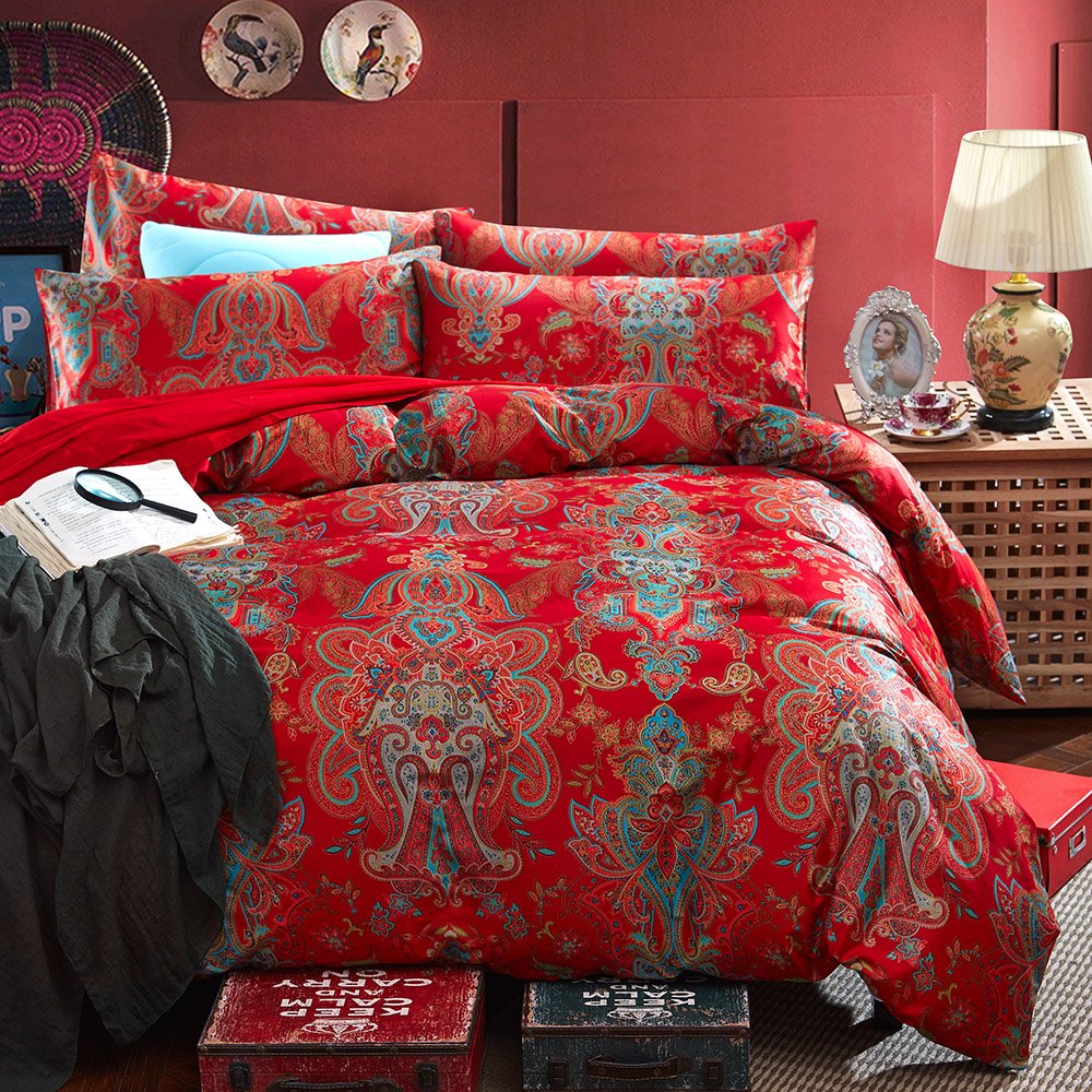 Red Paisley Comforter Sets Full Size Bed Shabby Chic Print Comforter All Season 3 Pieces 1 Fluffy Soft Comforter with