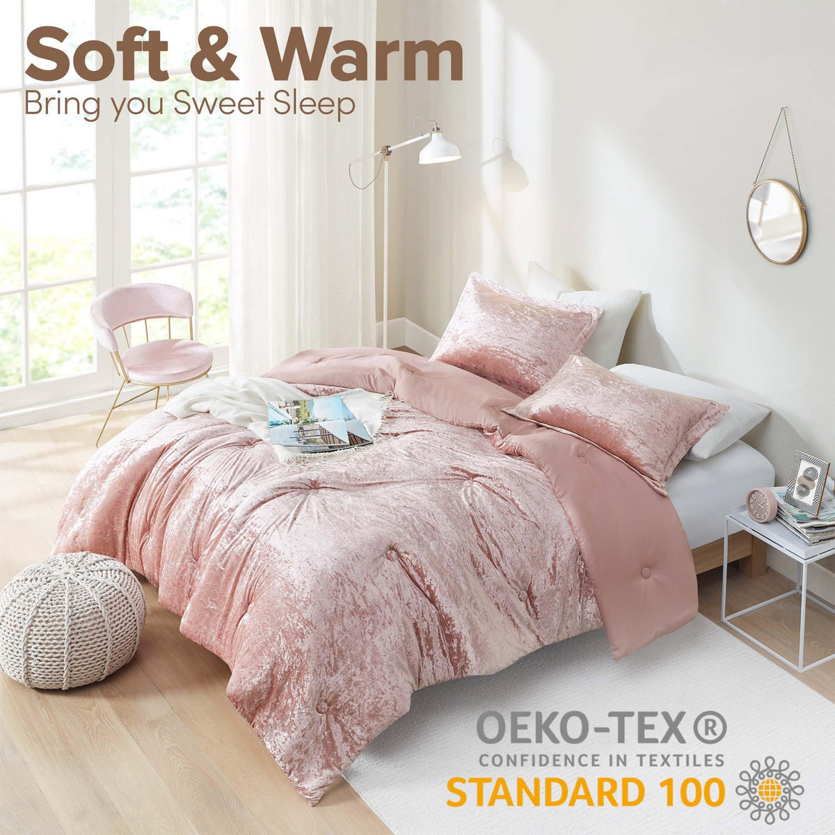 Reversible Velvet Blush Full/Queen Comforter Set, 3pc