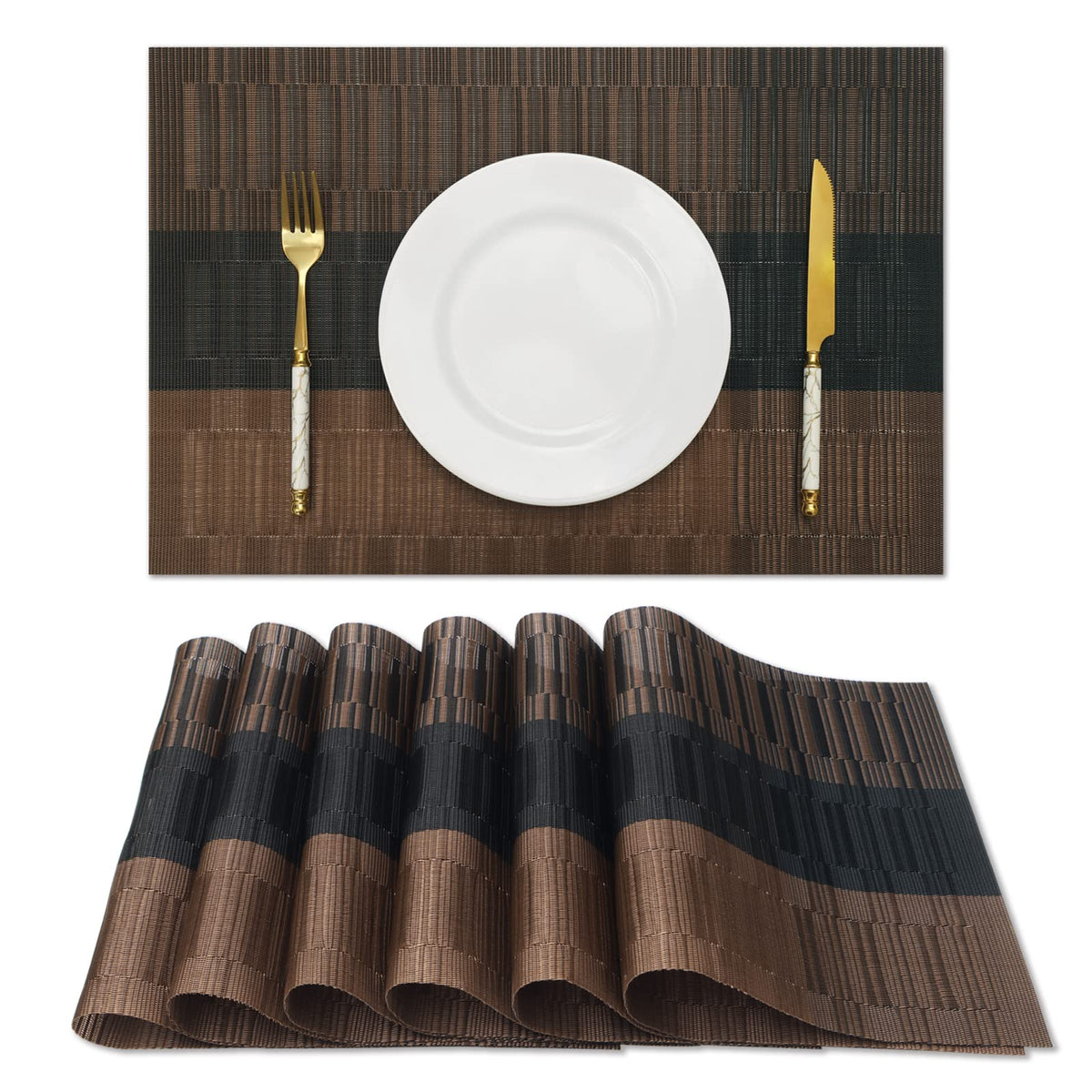 Brown Black Placemats Set of 6 Washable Placemats Vinyl Woven Table Mats Wipeable Placemat Dining Table Decoration