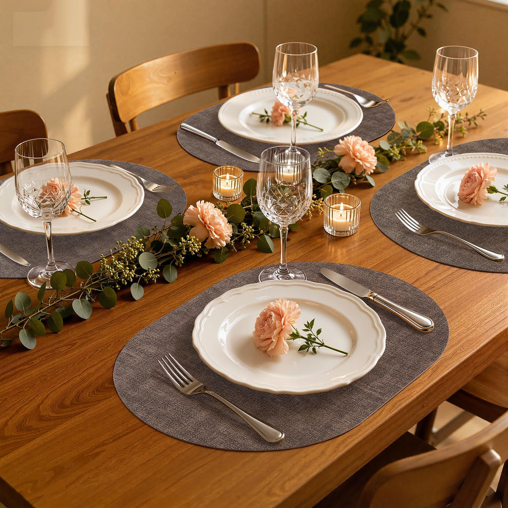 Oval Faux Leather Placemats Set of 4, Easy to Clean, Dark Brown