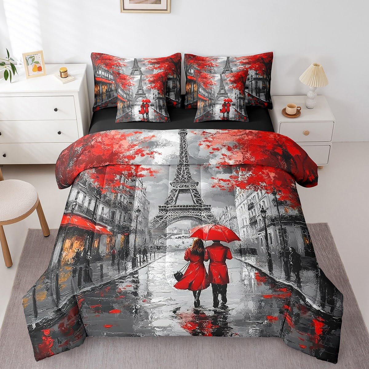 Paris 7-Piece King Comforter Set Twin Size for Couple Girls Women Eiffel Tower Bed in A Bag Romantic Bedding Set with