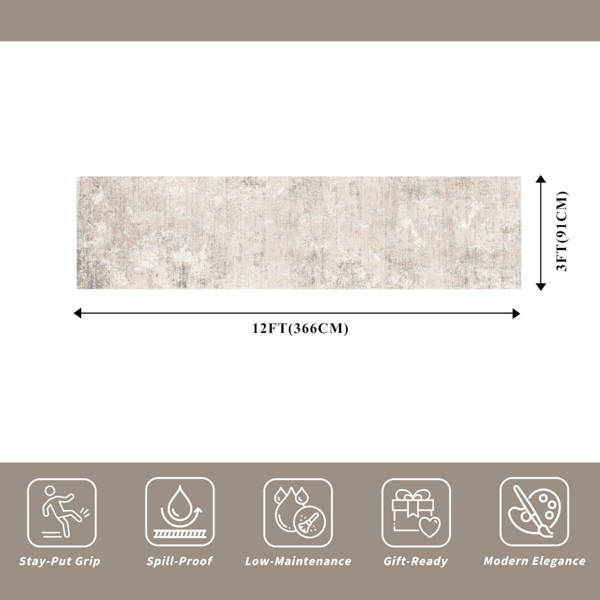 3x12 ft Washable Hallway Runner Rug - Long Non Slip Low Pile Thin Carpet Runners, Modern Abstract Neutral, Stain