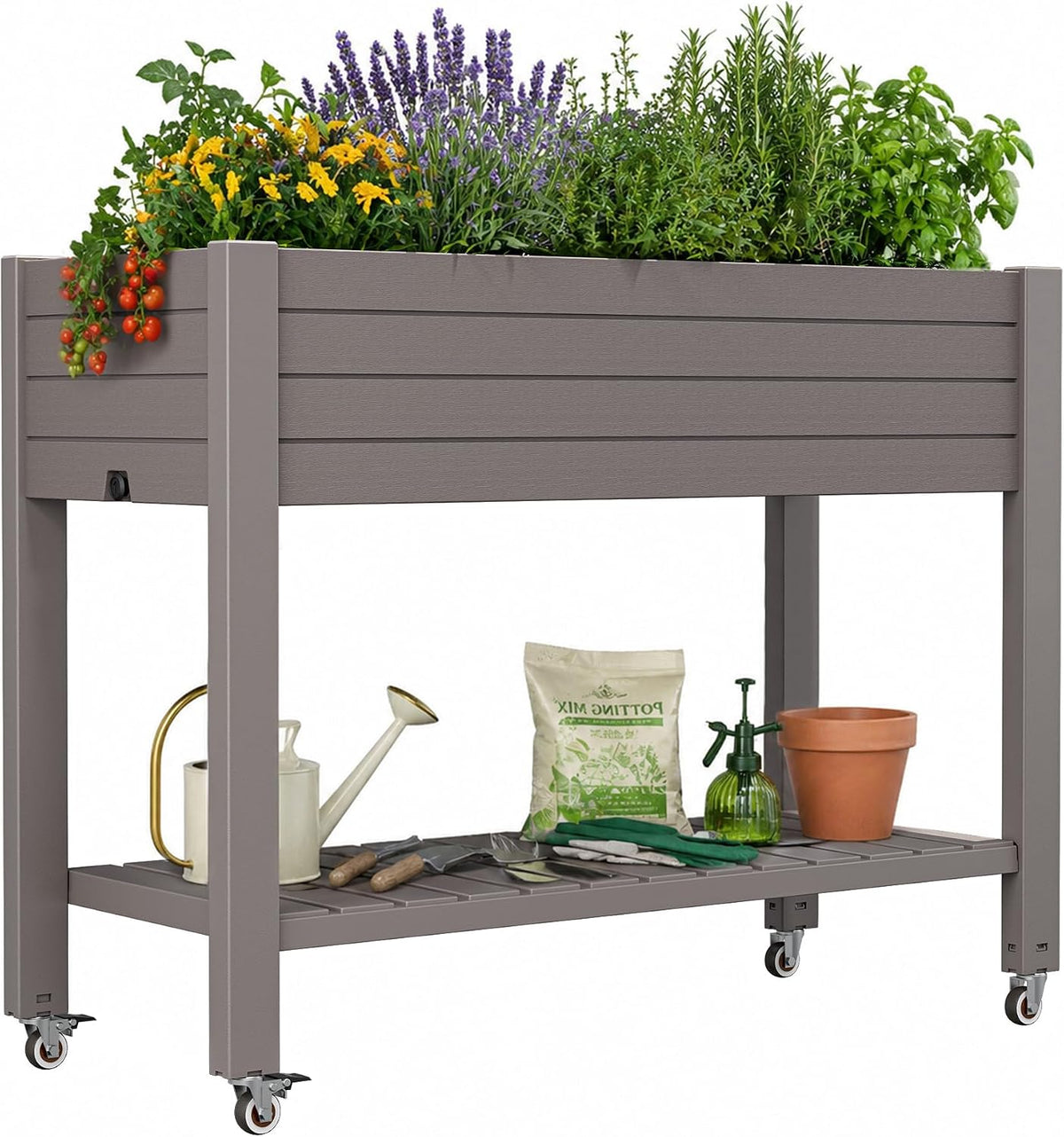 33.7" Tall Raised Garden Bed with Wheels, Divisible Plastic Planter Box with Drainage Gauge & Storage Shelf, Herb