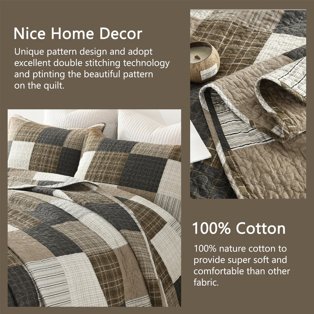 100% Cotton Quilt, Lodge Cabin Plaid Quilted Bedspread