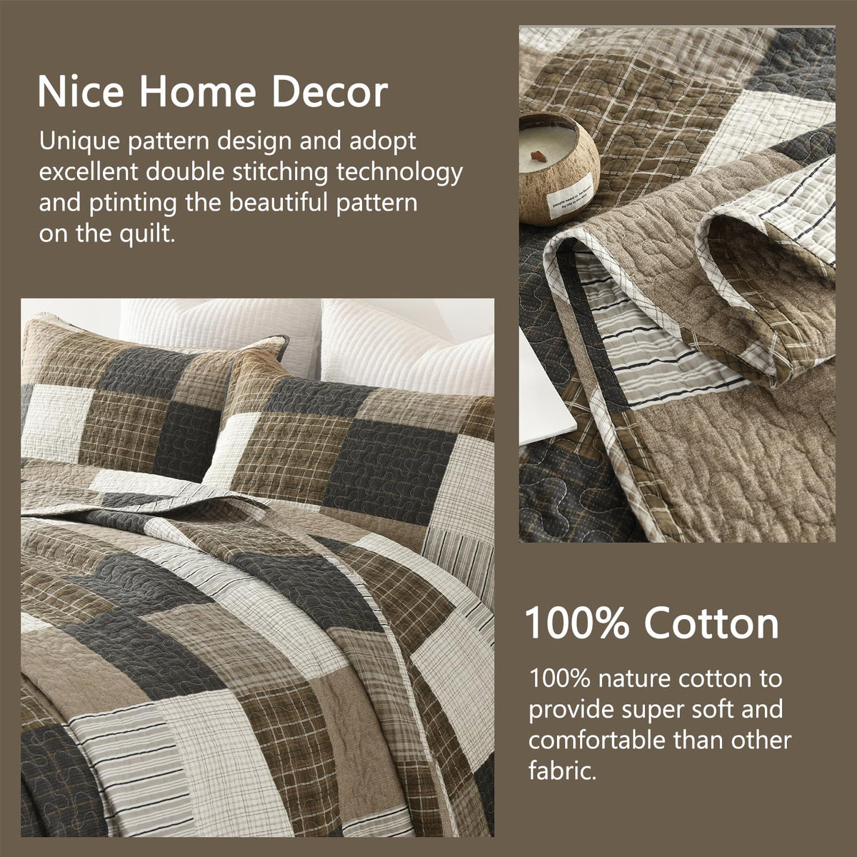 100% Cotton Quilt, Lodge Cabin Plaid Quilted Bedspread