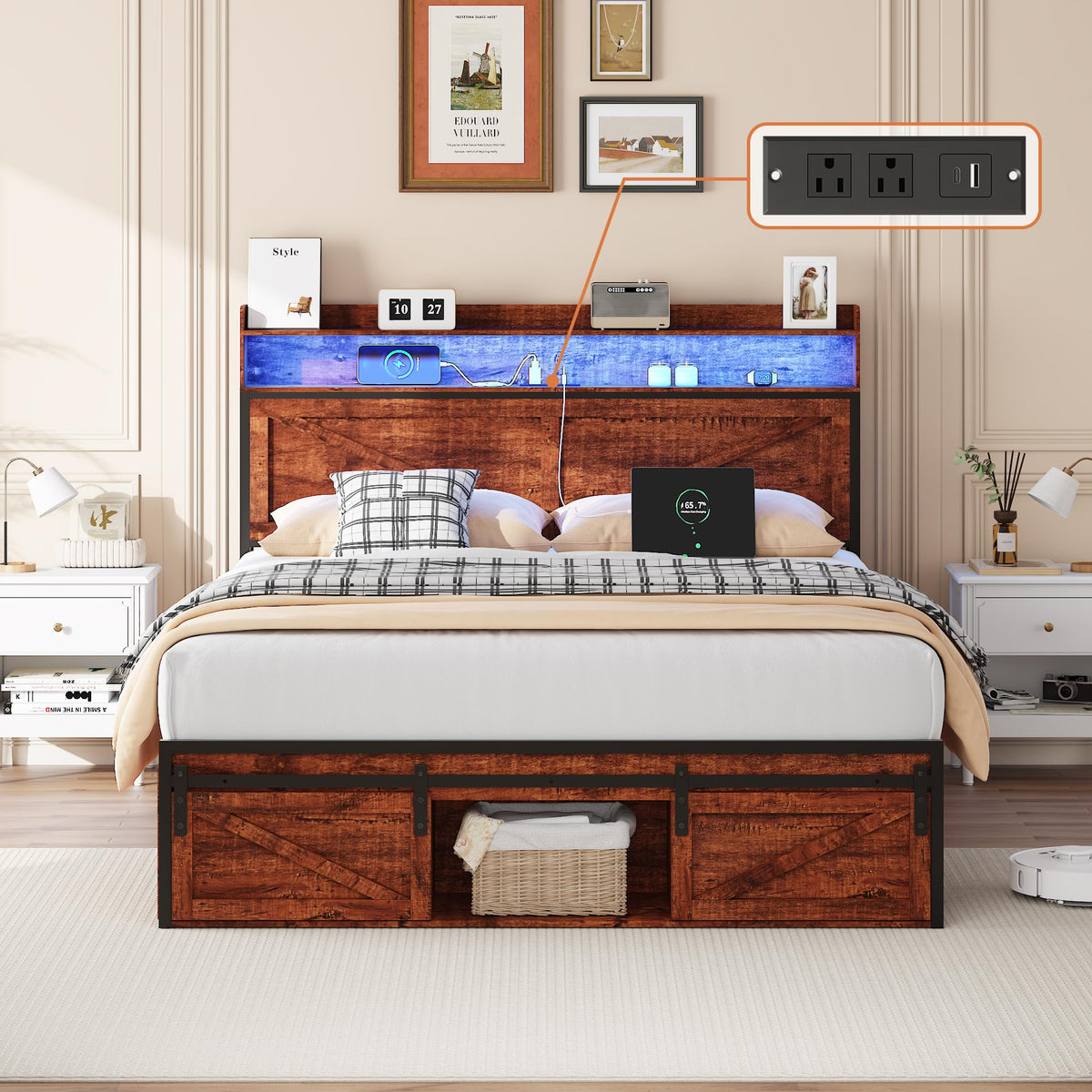 Bed Frame with Storage Headboard, Rustic Platform Bed Frames Under Bed Storage, Footboard Storage