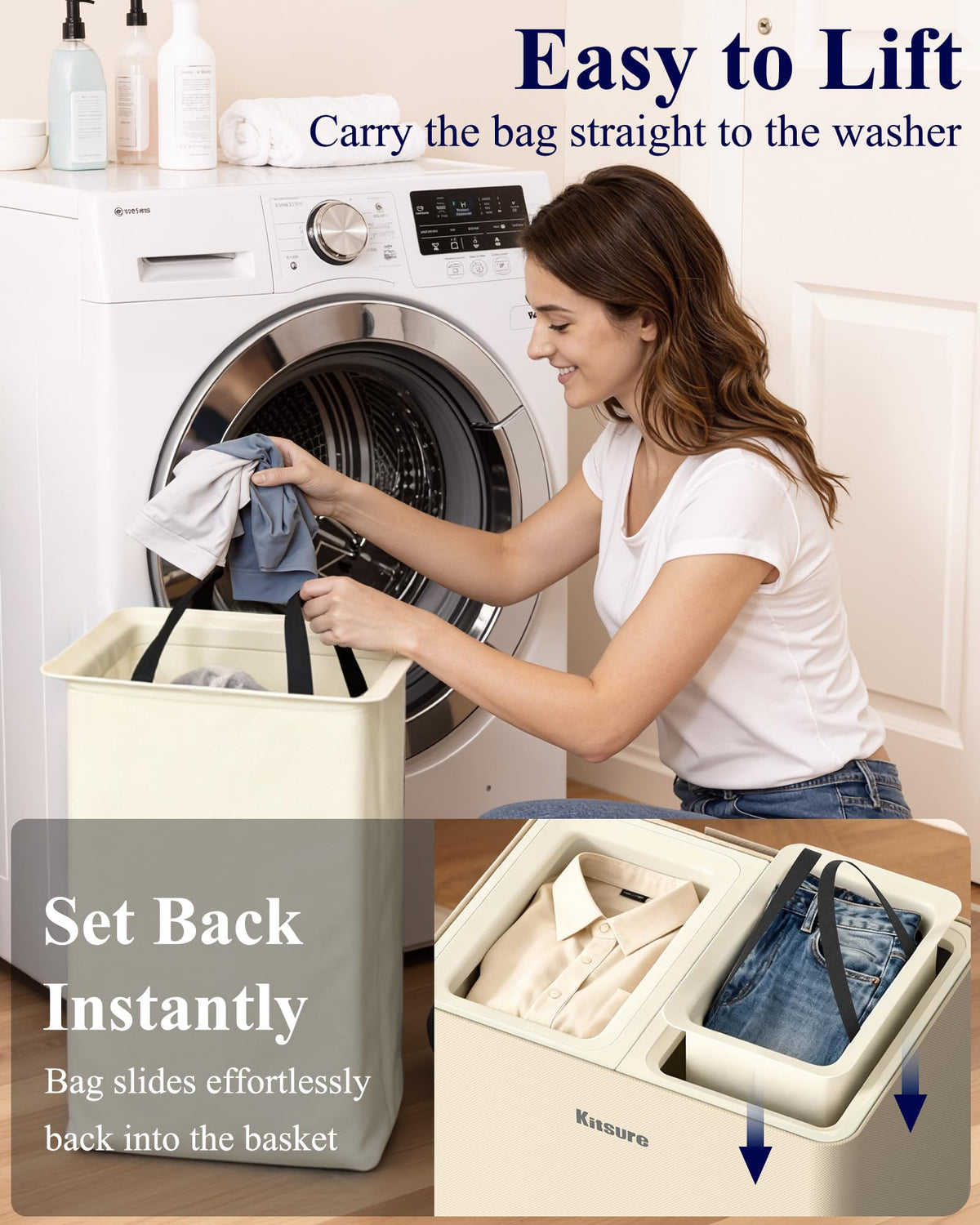 Laundry Hamper with Lid 160L, 2-Compartment Sorter, Removable Bags