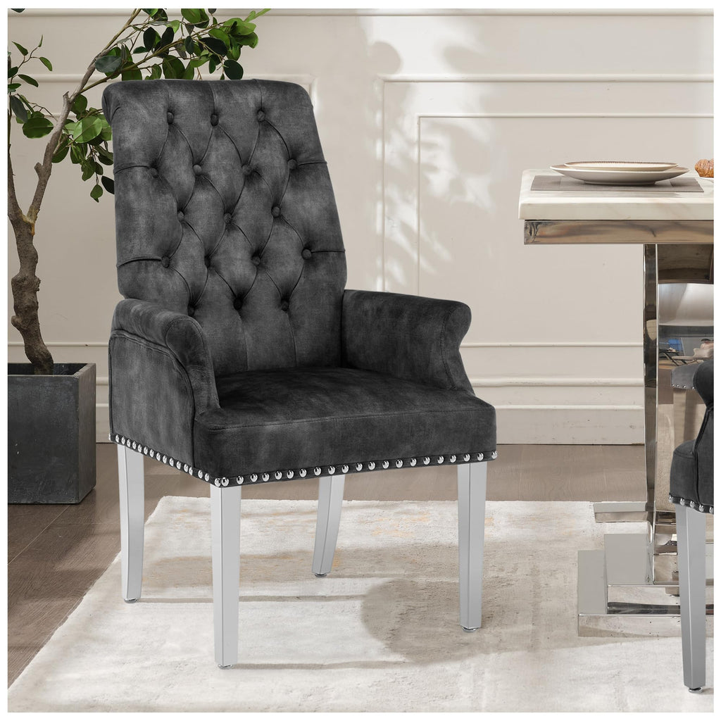 Velvet Dining Chair, Kitchen Arm Chair, Dark Grey