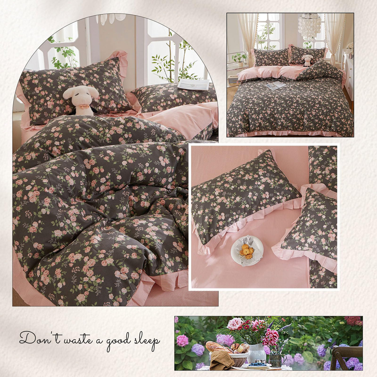 Pink Floral Ruffled Duvet Cover Set, Soft 100% Cotton Striped Bedding Duvet Cover with 2 Pillowcases, Vintage