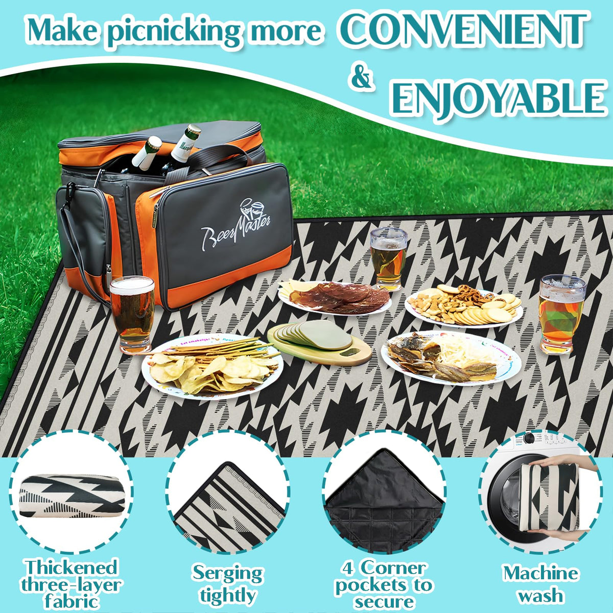 Boho Picnic Blankets Waterproof Foldable, 80′′X80′′ Tribal Large Picnic Mat Outdoor Blanket for Grass, Thick Beach