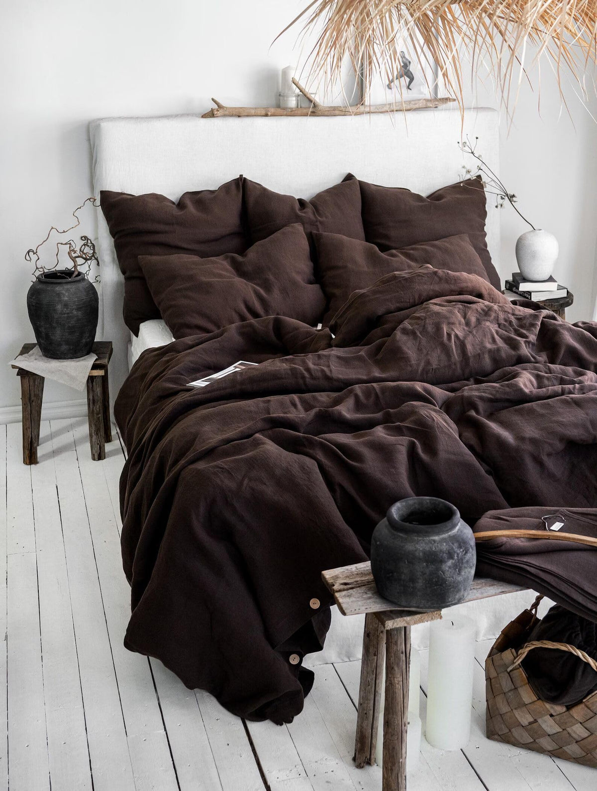 Bedding Set in Chocolate - Duvet Cover & 2 Pillowcases Set in Size with Button Handmade