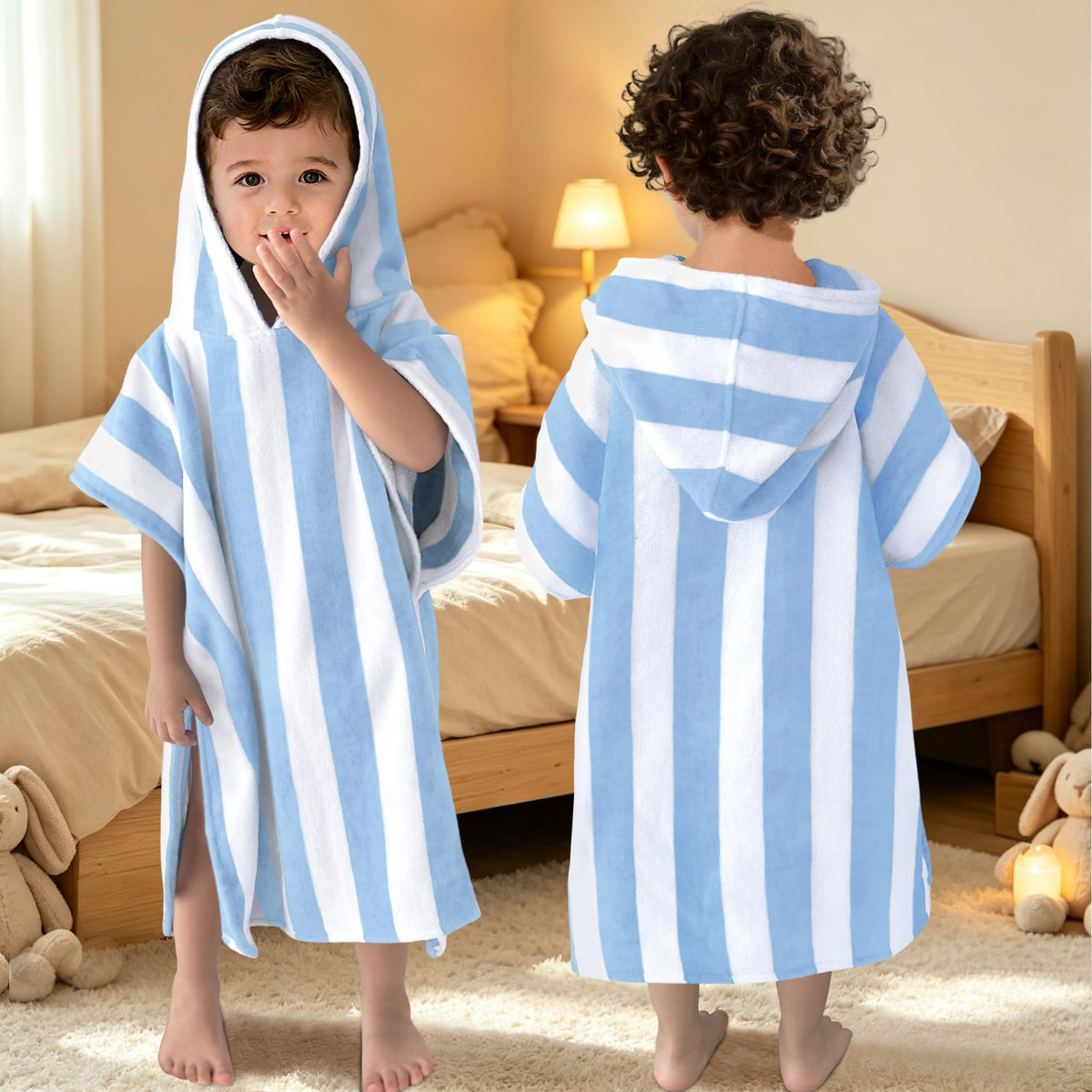 Toddler Poncho Towel 1-3Y,100% Cotton, Light‐Blue Stripe