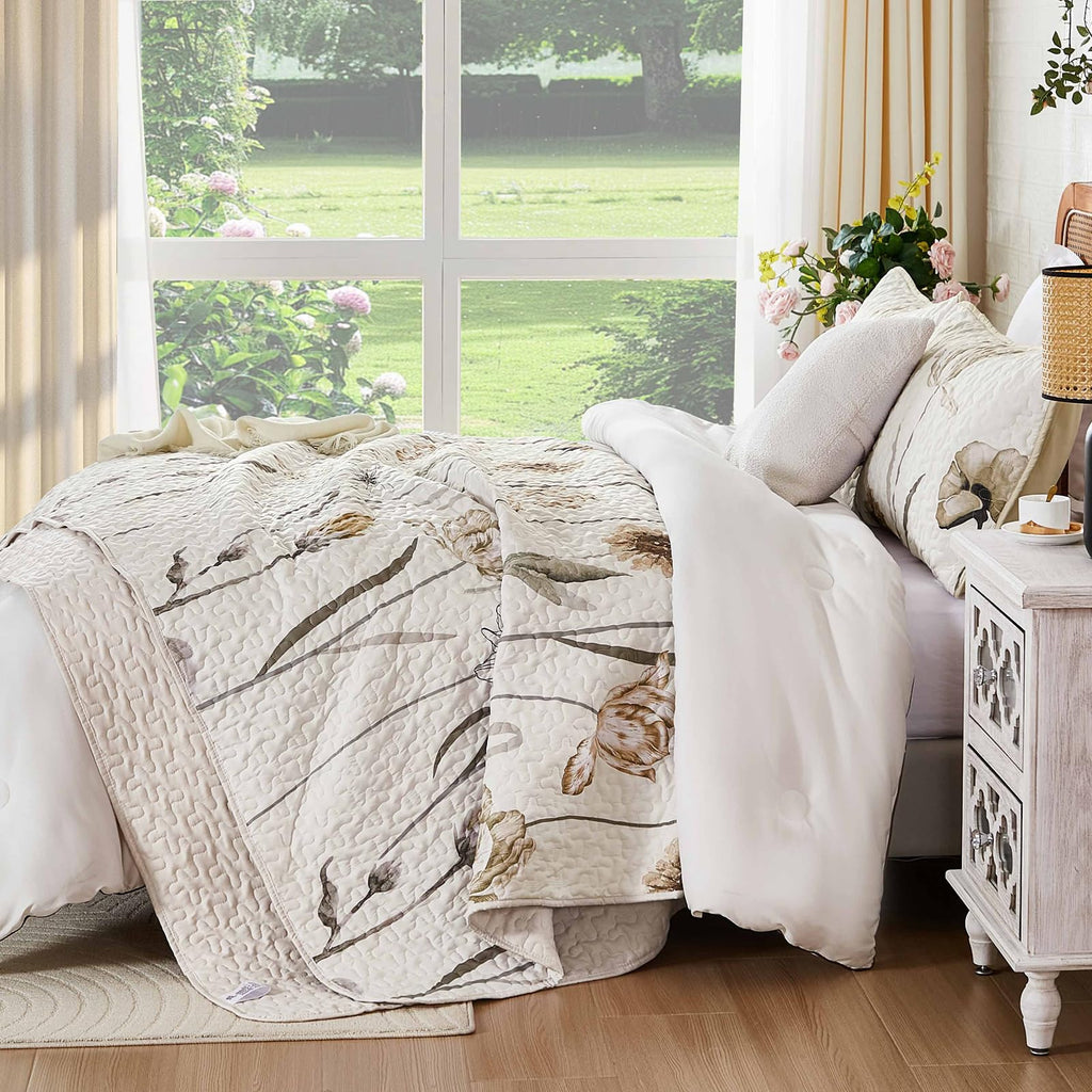 Brown Quilt King Size, Floral Boho Summer Bedspread