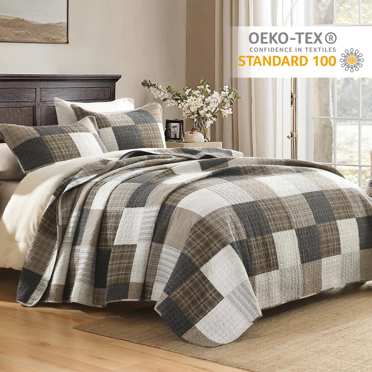 100% Cotton Quilt, Lodge Cabin Plaid Quilted Bedspread