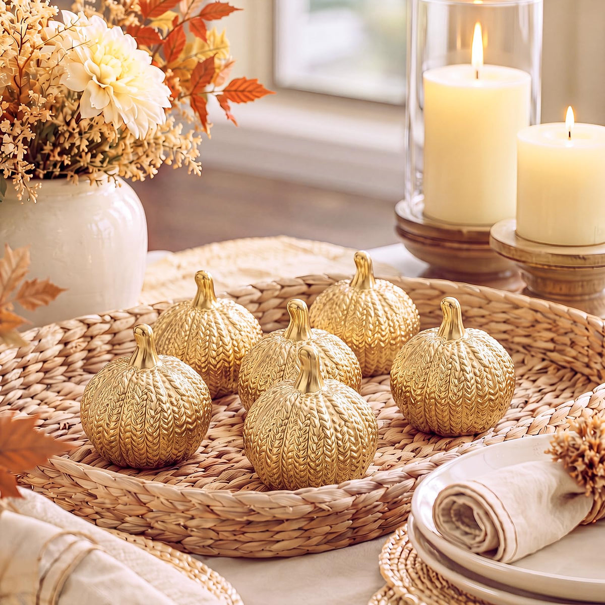 6 Pcs Gold Ceramic Pumpkin Fall Decoration for Table Centerpiece