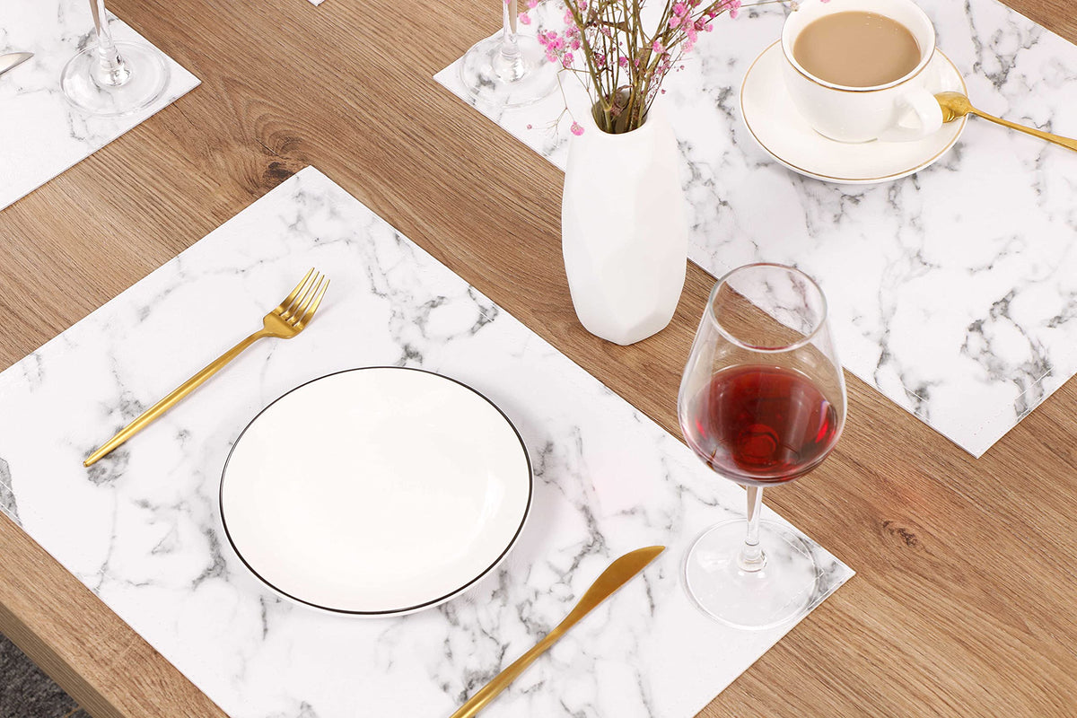 Marble Faux Leather PU Placemats, Set of 4, Washable, Stain Resistant Kitchen Table Decor