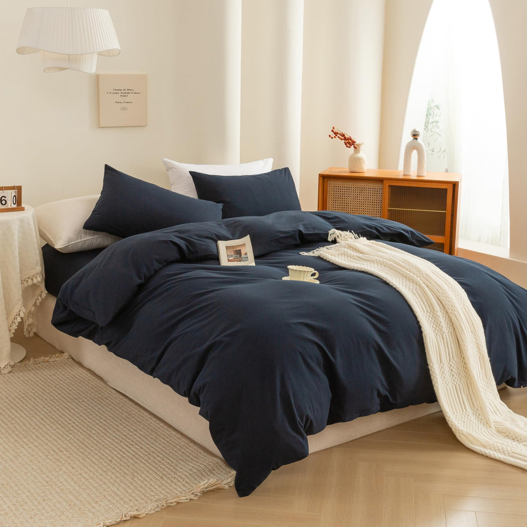 Cotton 3 Pcs Duvet Cover Set Linen Feel Navy Blue King