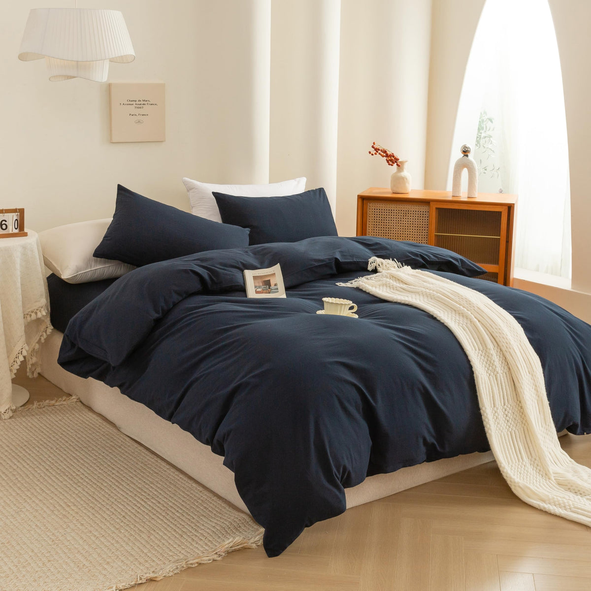 Cotton 3 Pcs Duvet Cover Set Linen Feel Navy Blue King