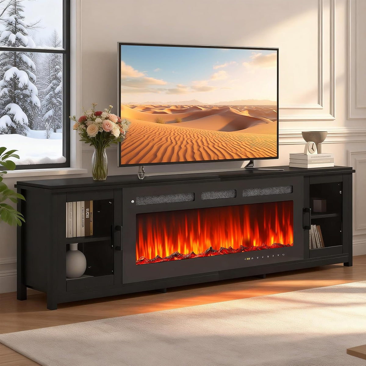 80 Inch Fireplace TV Stand with 50 Inch Electric Fireplace, Modern Entertainment Center with Adjustable Shelves and Glass Door for TVs up to 90 Inches, Black