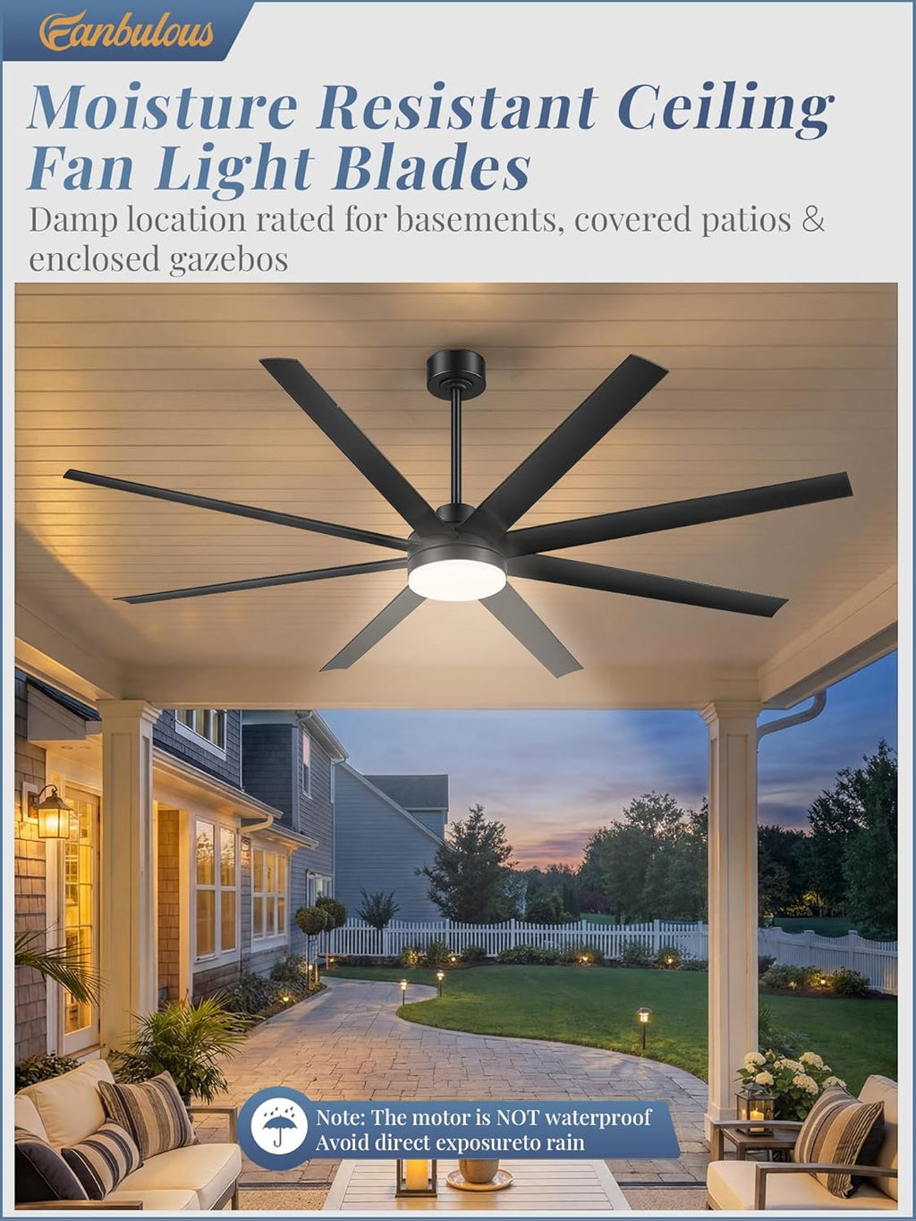 72" Black Ceiling Fan with Light & Remote