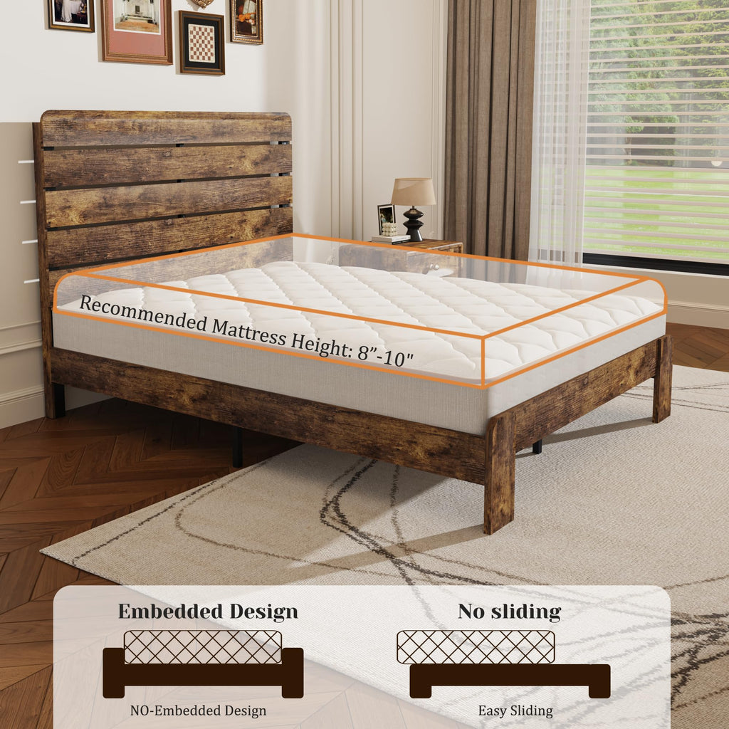 Wooden Bed Frame with Headboard, Rustic Farmhouse Platform Bedframe with Wood Slat Support, Sturdy and No