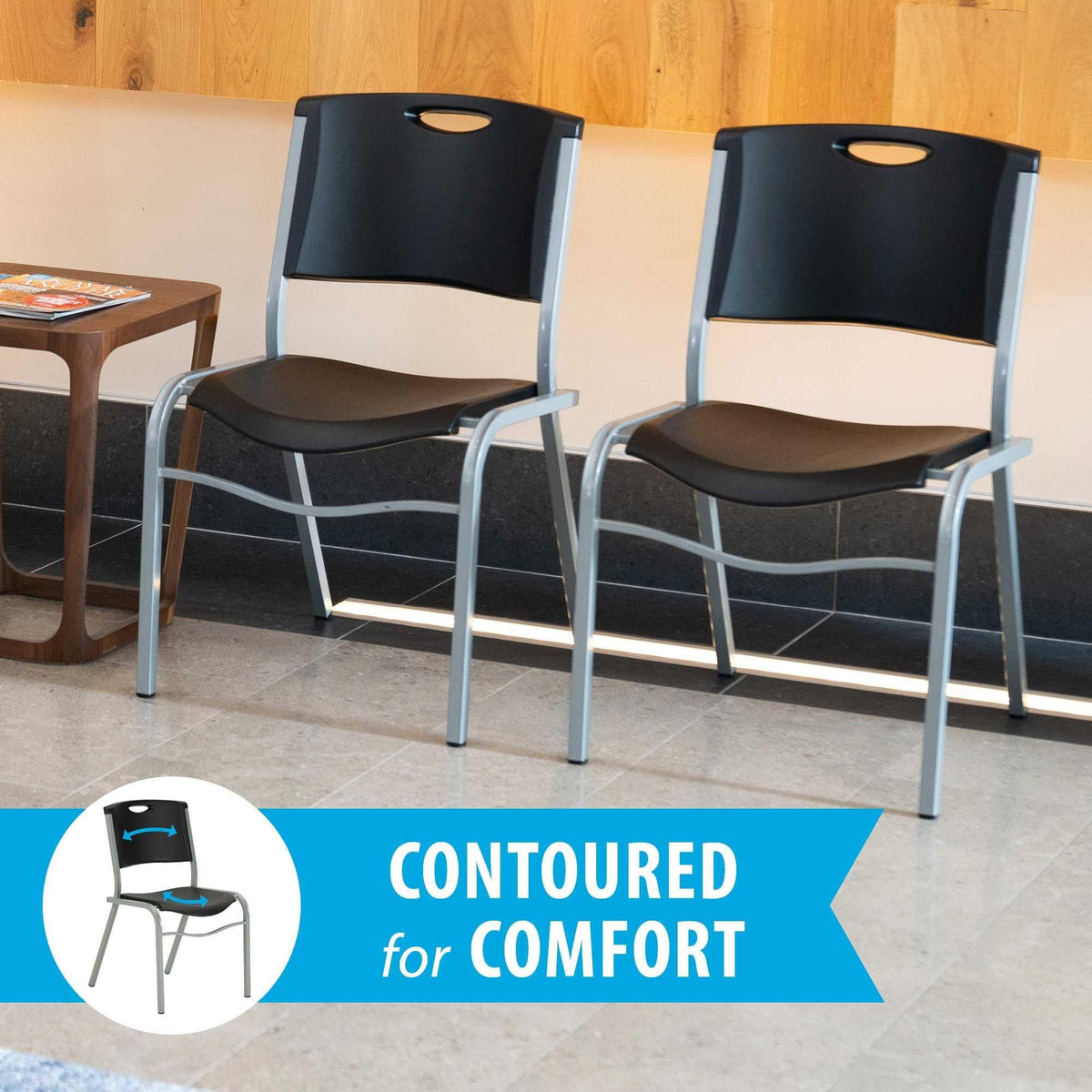 Stacking Chair, Black with Silver Steel Frame, 4 Pack