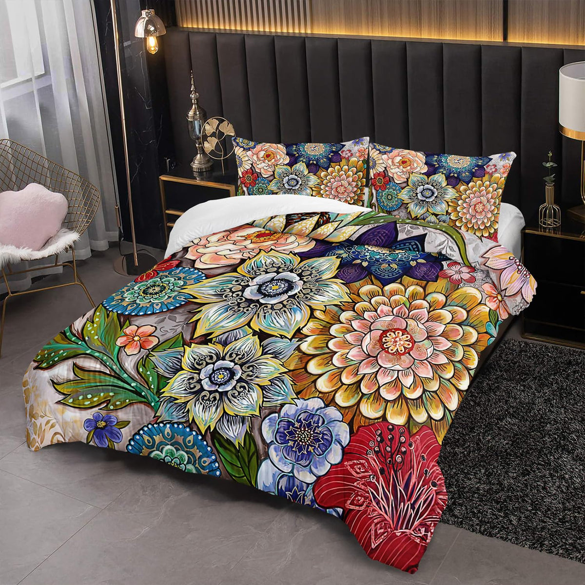 3 Piece Boho Floral Bedding Set, Colorful Flowers Comforter Set, Bohemian Reversible Down Alternative Bed Sets, Twin