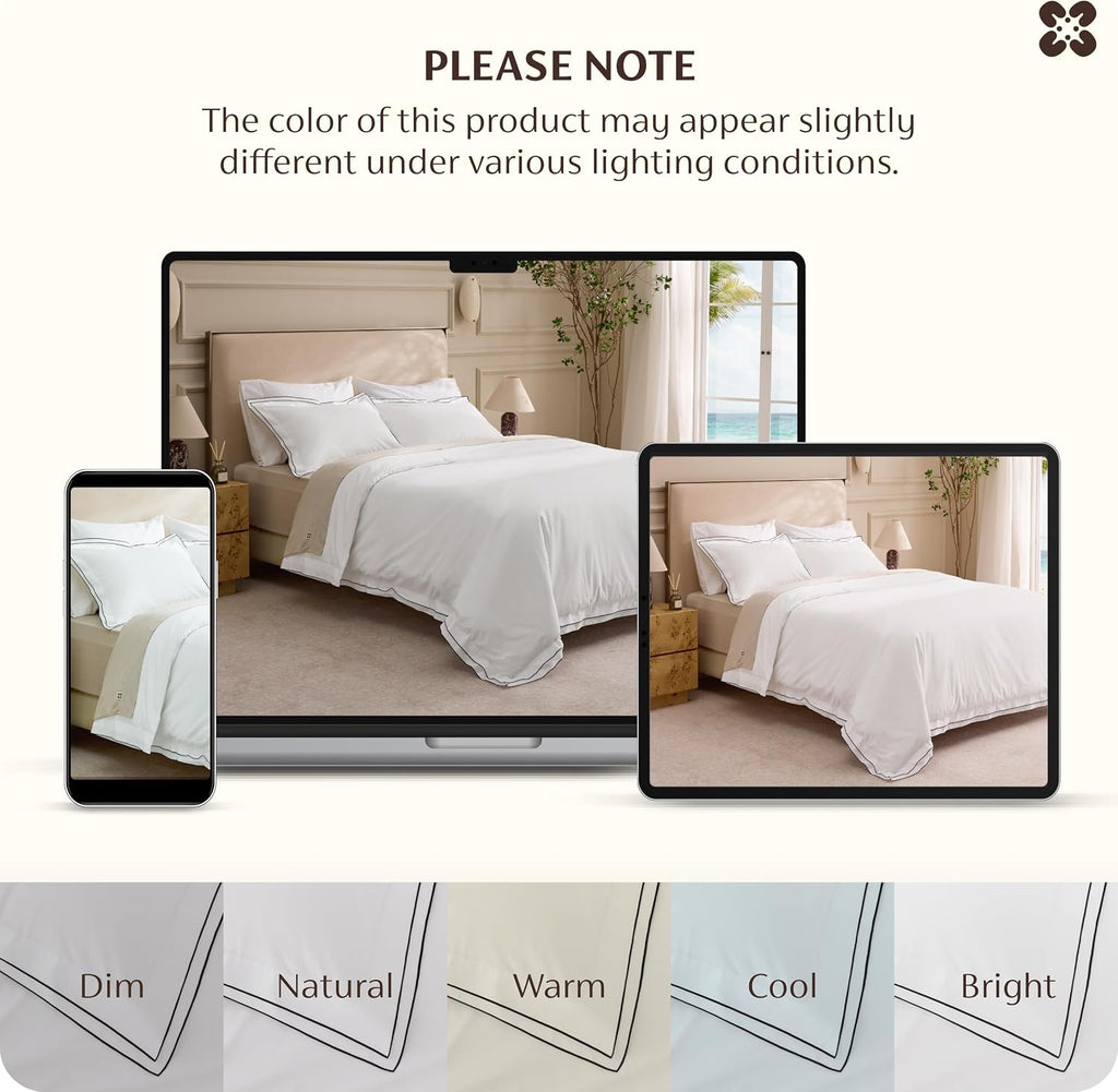 PureWoven 100% Cotton Percale Duvet Cover Queen, Leaf Edge, White