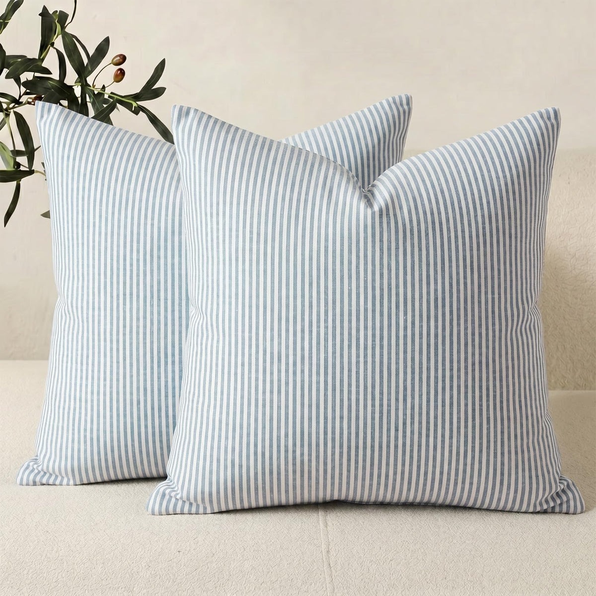 Coastal Decor Light Blue Striped Outdoor Throw Pillow Covers 20x20 Set of 2