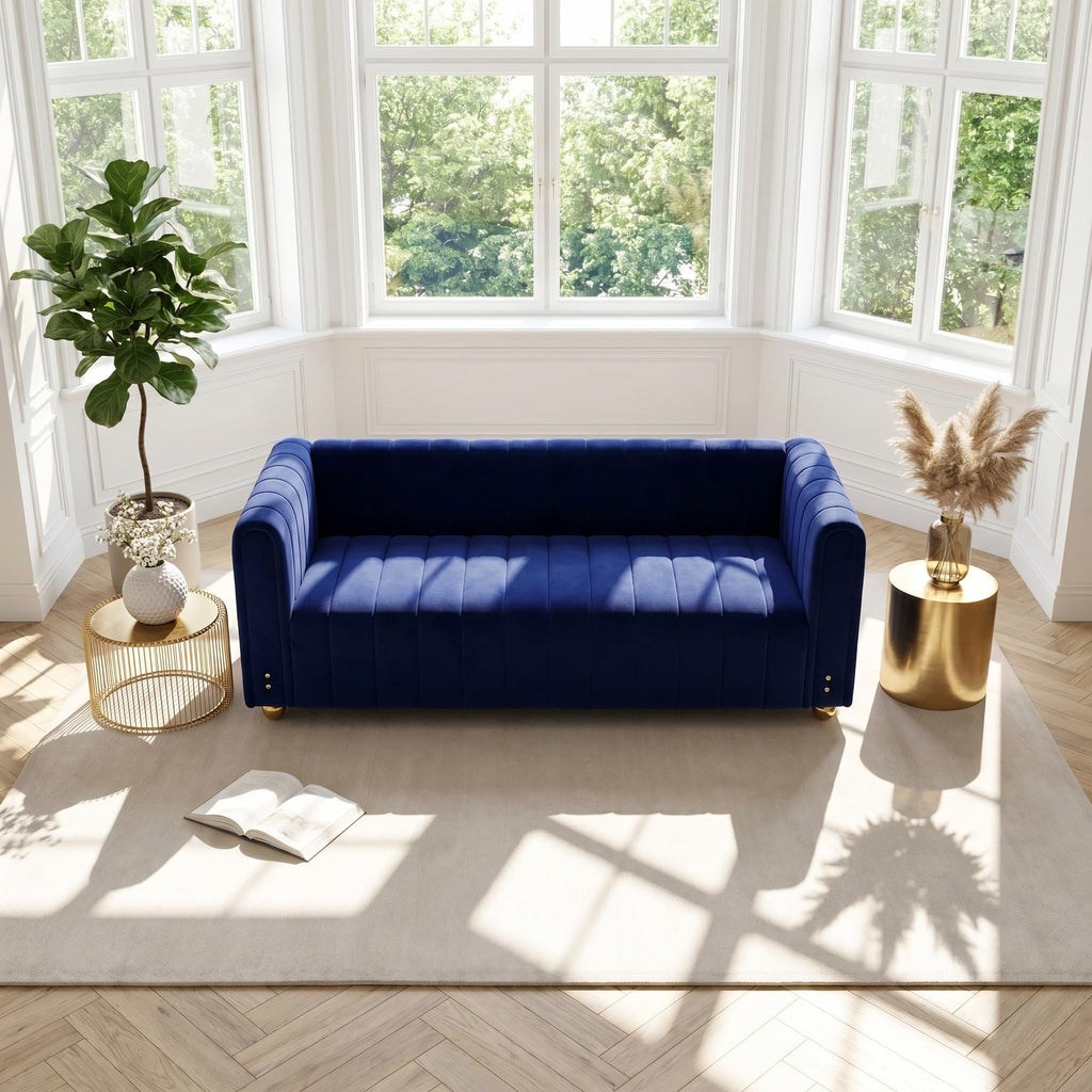 81" Sofa Mid Century Modern Couch for 3 Person Chesterfield Tufted Couches Apartment Bedroom Office (P51-Blue-3S+3S)
