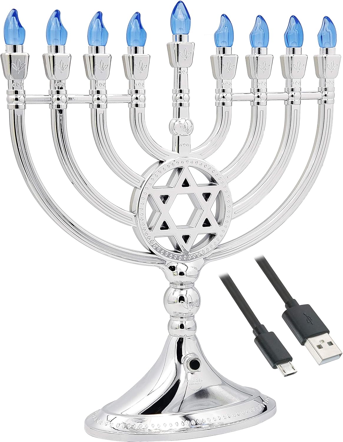 Traditional LED Electric Silver Mettalic Hanukkah -Full Size 13 Inches High 3 AA Battery or USB Powered - Includes
