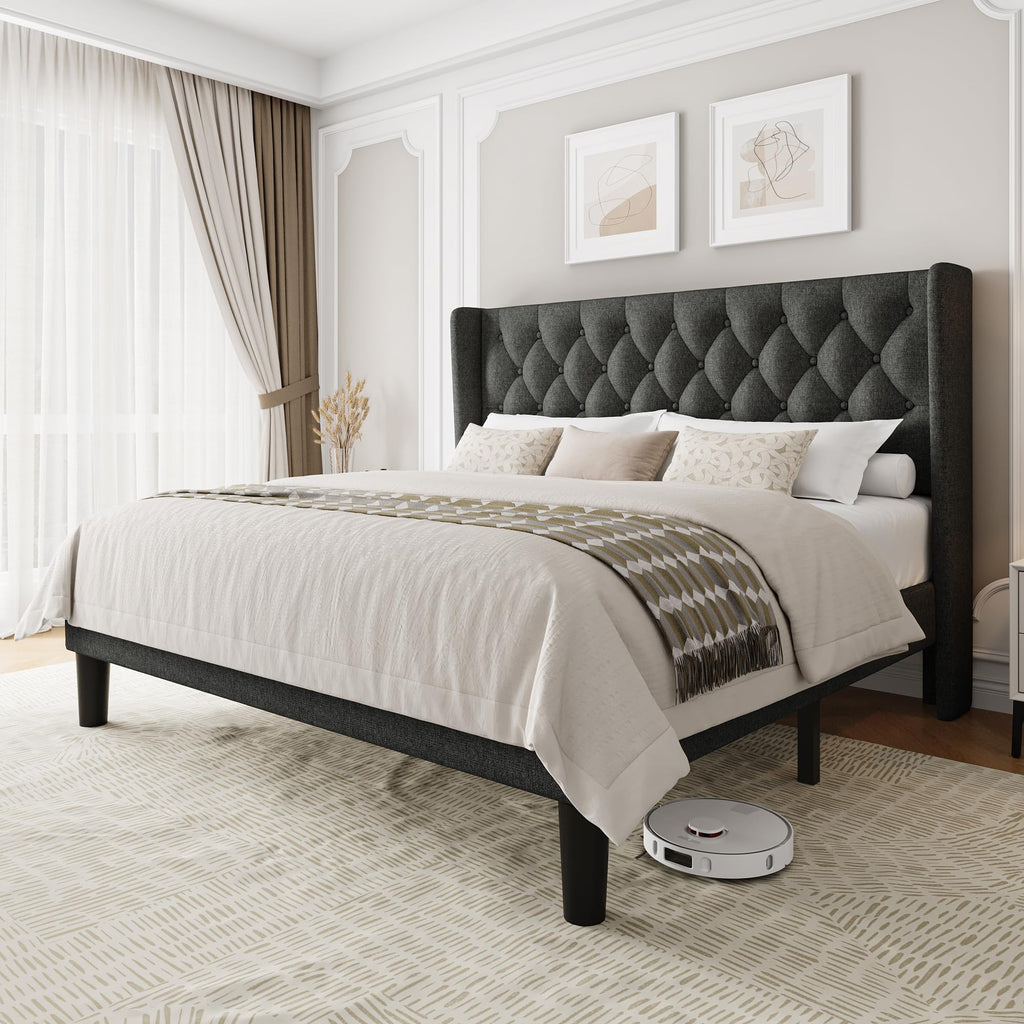 King Size Platform Bed Frame with Upholstered Wingback Headboard, 12" Under Bed Space, Wooden & Metal Slats Support
