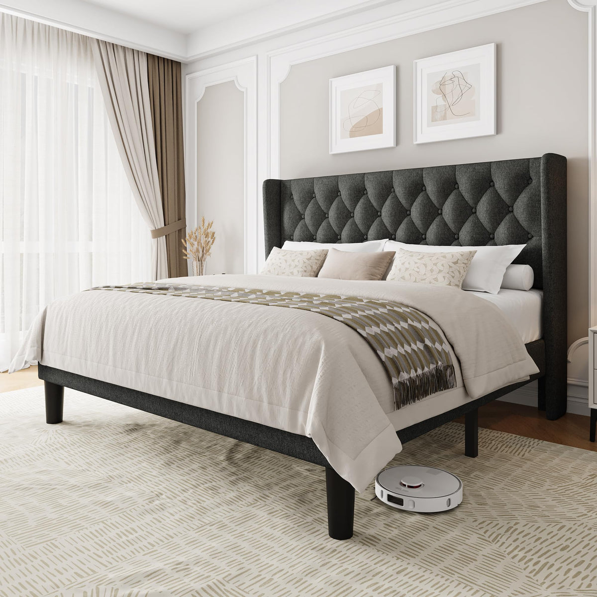 King Size Platform Bed Frame with Upholstered Wingback Headboard, 12" Under Bed Space, Wooden & Metal Slats Support