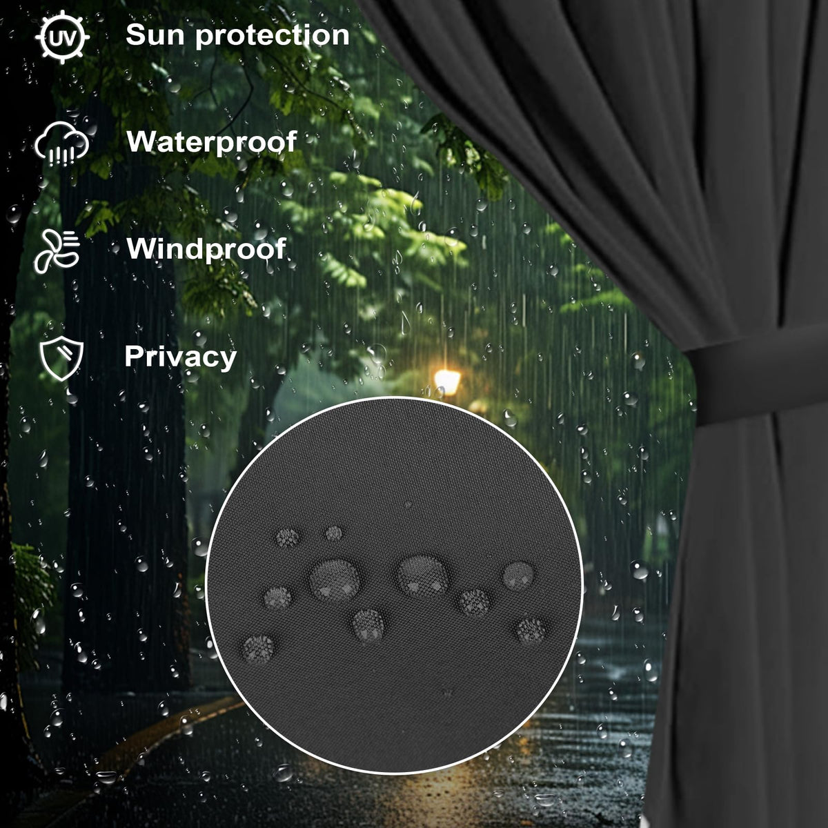 12x14 Gazebo Curtains Outdoor Waterproof, 4 Panel Sidewalls, Black