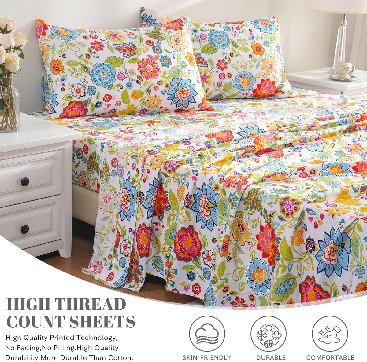Sheet Set Ultra Soft Breathable Silky Flower Bed Sheets Deep Pocket 100% Microfiber Bedding Sheets 4 Piece