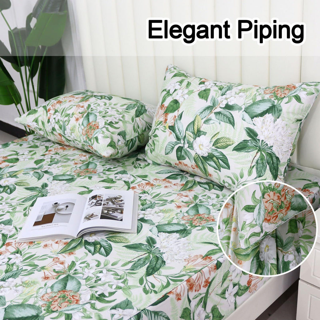 Green Floral Sheet Set King, 100% Cotton Pink Flower Printed Sheets Green Leaves Pattern Sheets Botanical Shabby