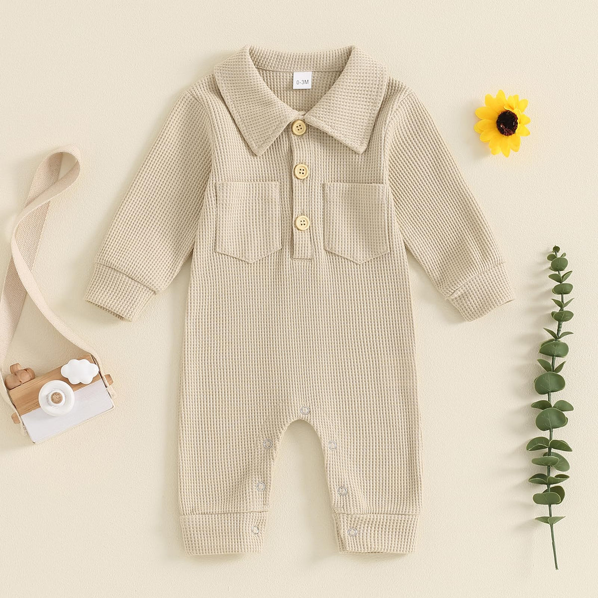 Newborn Baby Boy Waffle Knit Collared Romper Jumpsuit Solid Button Long Sleeve Bodysuit One-Piece Fall Winter Outfit