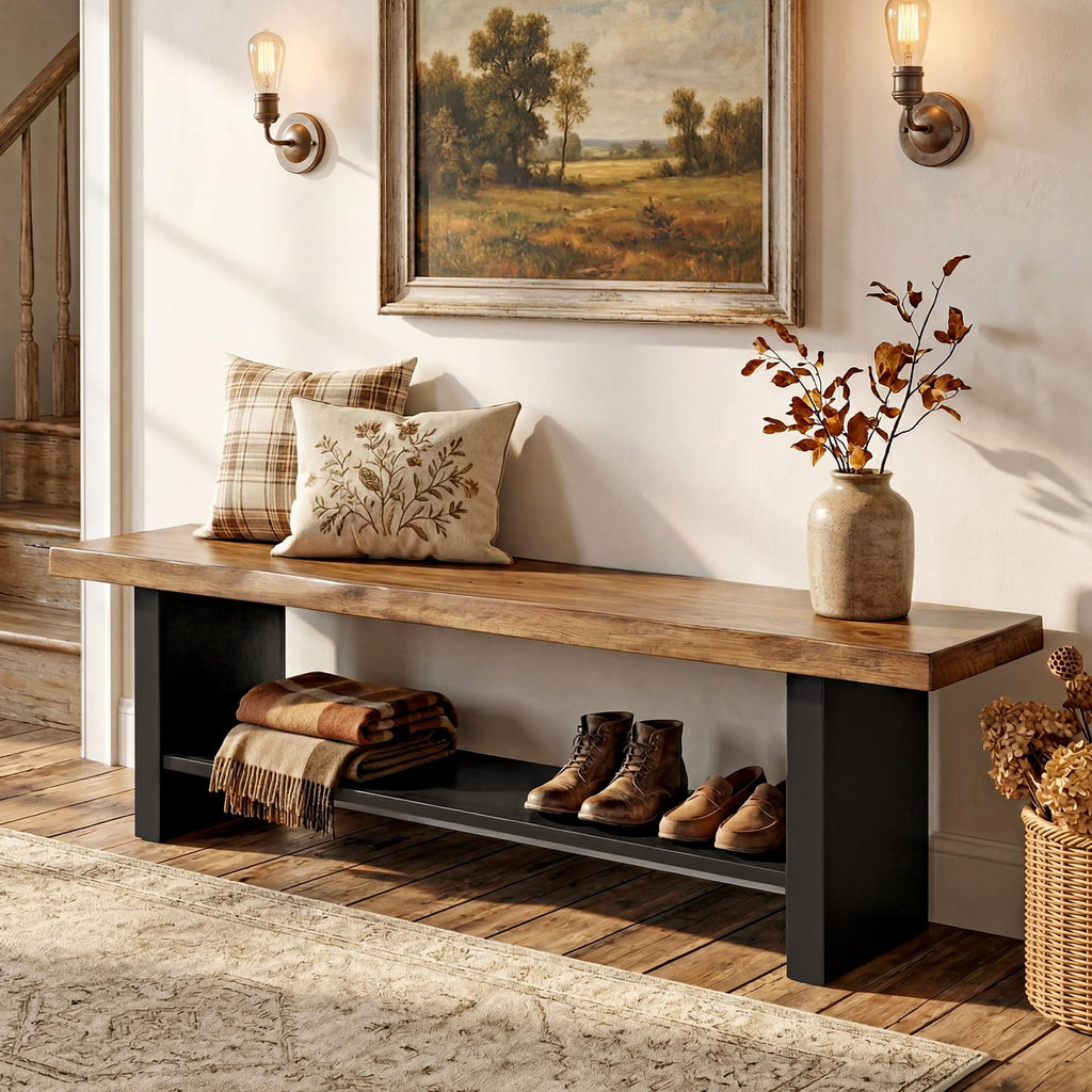 55" Solid Wood Bench with Shoe Storage, 2-Tier Farmhouse Entryway Bench, Narrow Rustic Brown Bench