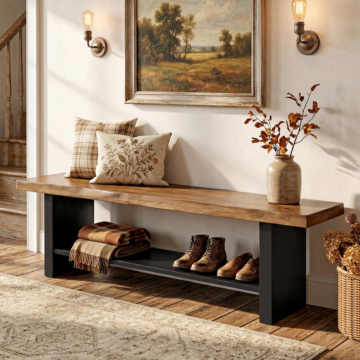 55" Solid Wood Bench with Shoe Storage, 2-Tier Farmhouse Entryway Bench, Narrow Rustic Brown Bench
