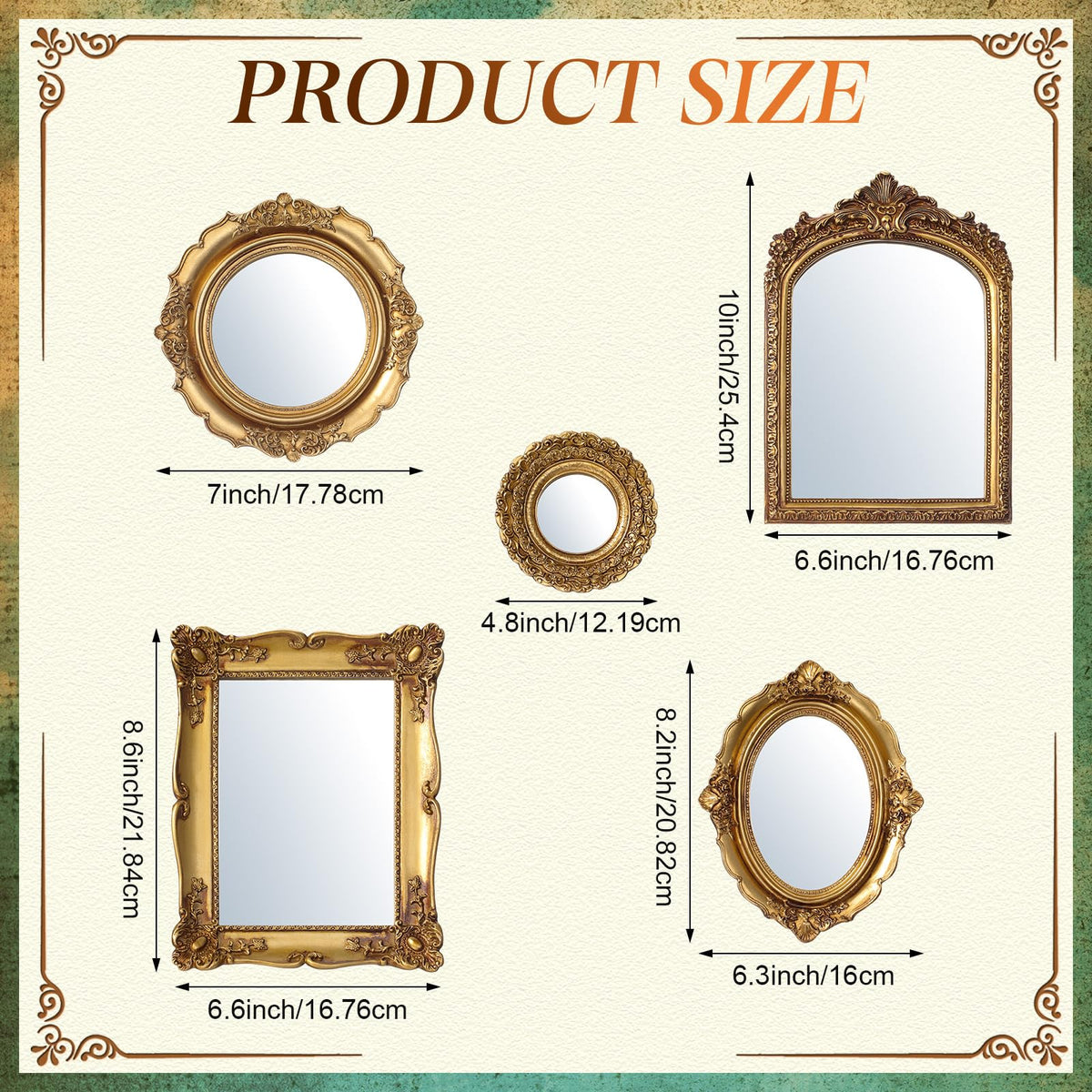 5 Pcs Vintage Gold Wall Mirror Set, 10in/8in/7in/4in, Stylish Style