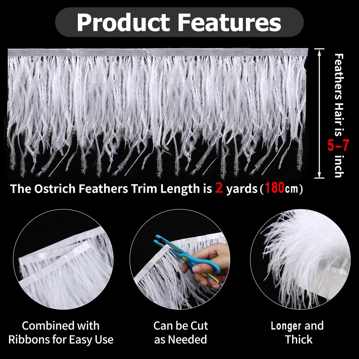 5-7inch Off-White Ostrich Feather Trim for DIY Sewing,2Yards