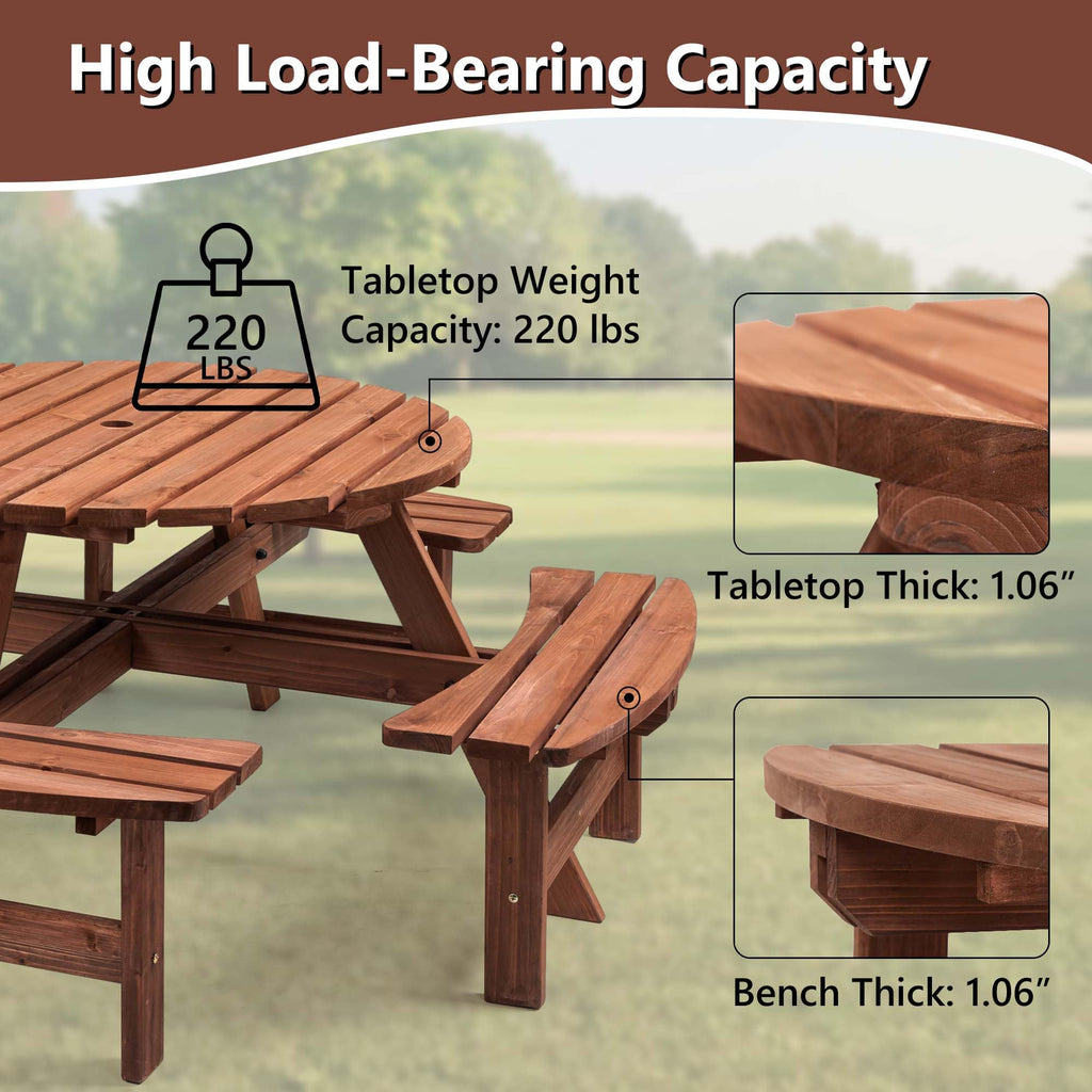 Outdoor Picnic Table for 8 Person, Wooden Picnic Tables with 4 Built-in Benches and Umbrella Hole Outside Table and