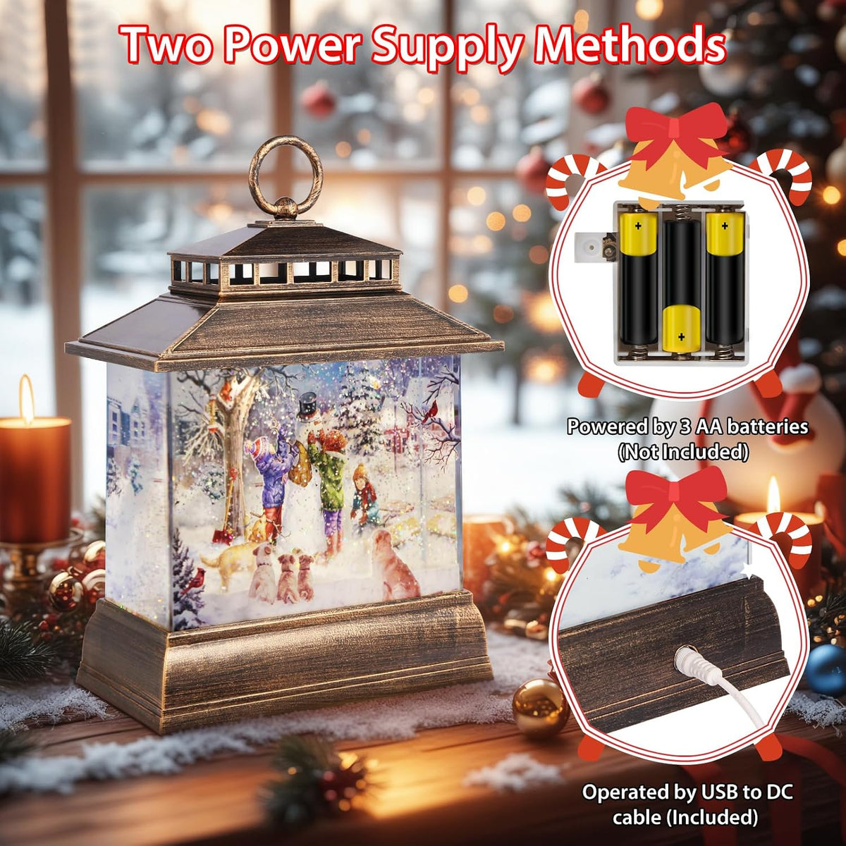 Christmas Snow Globe Lantern Water Glittering Lantern with 8 Songs & 6H Timer Romote Control Christmas Snow Globes