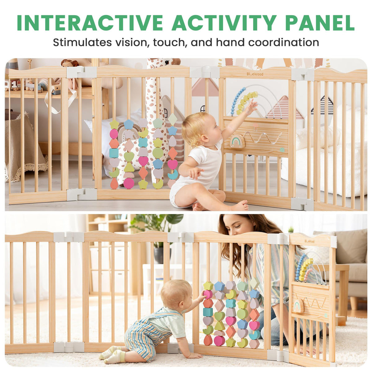 Foldable Wooden Baby Playpen, 45 x 45 x 24 inches, Pastel Dream, Natural