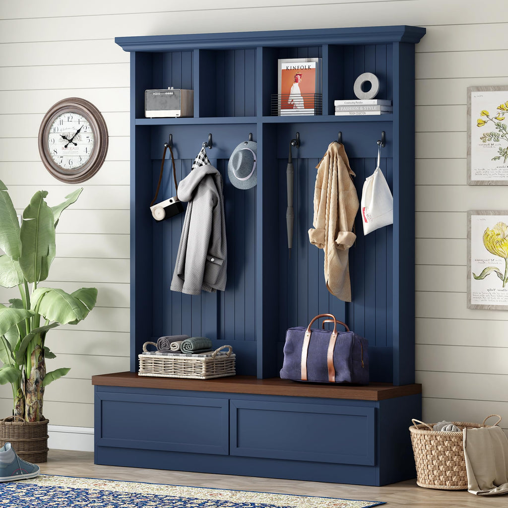 Farmhouse 4-in-1 Hall Tree with Bench and Storage, 55.9 Coat Rack with 6 Hooks, 2 Large Drawers and 4 Open Cubbies