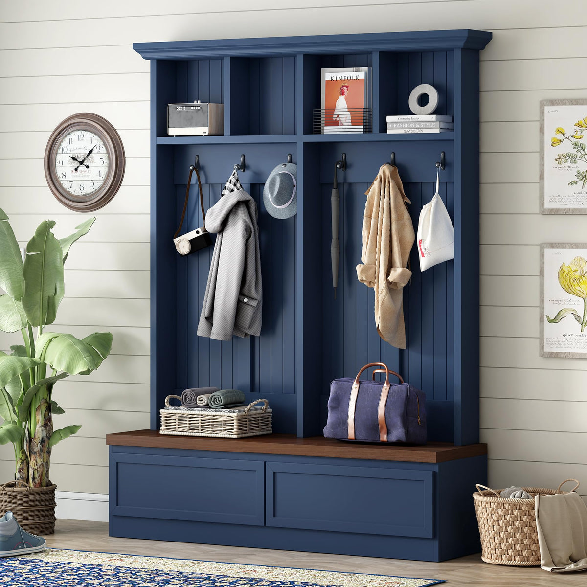 Farmhouse 4-in-1 Hall Tree with Bench and Storage, 55.9 Coat Rack with 6 Hooks, 2 Large Drawers and 4 Open Cubbies