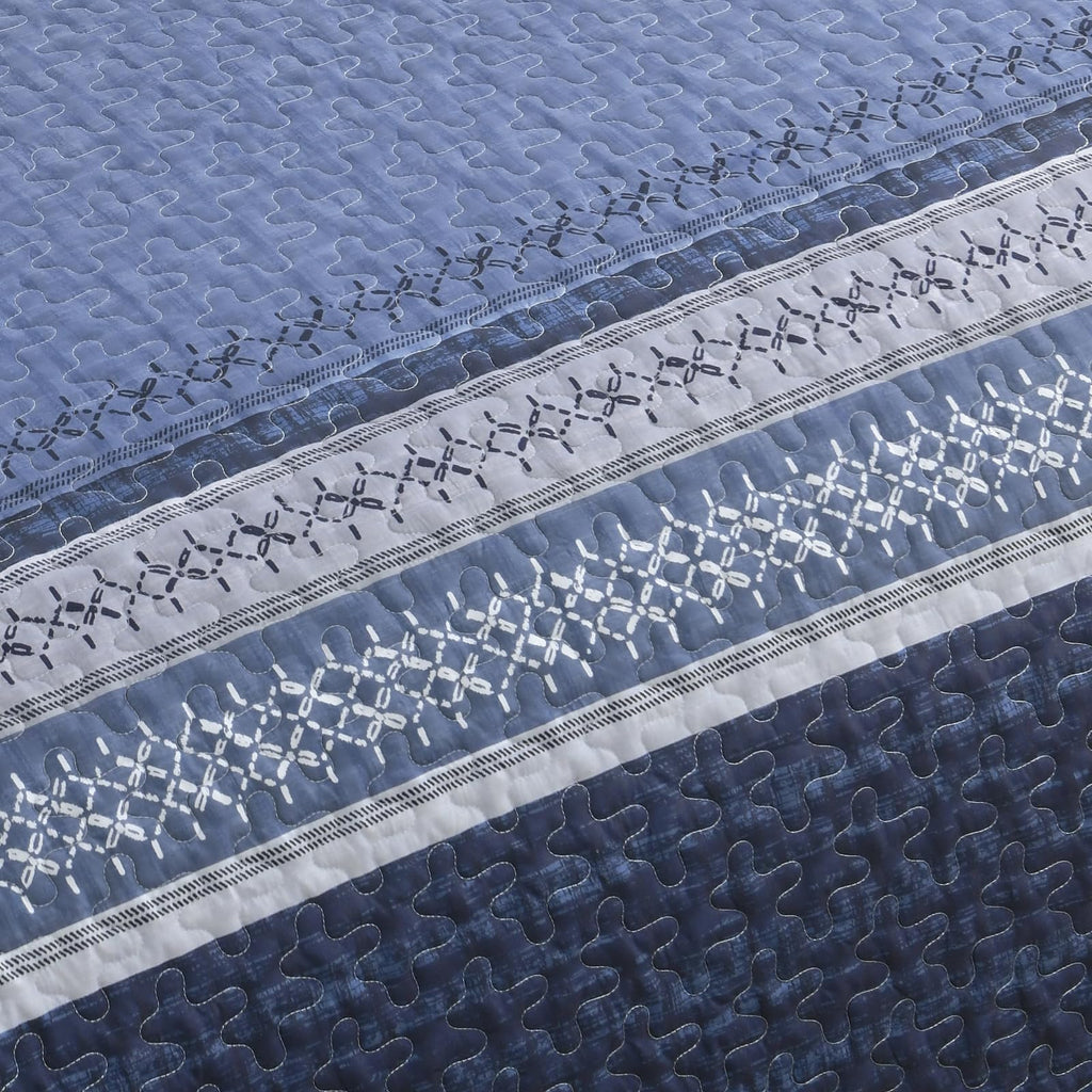 Quilt Bedding Set, Navy Blue Patchwork Striped Bedspread