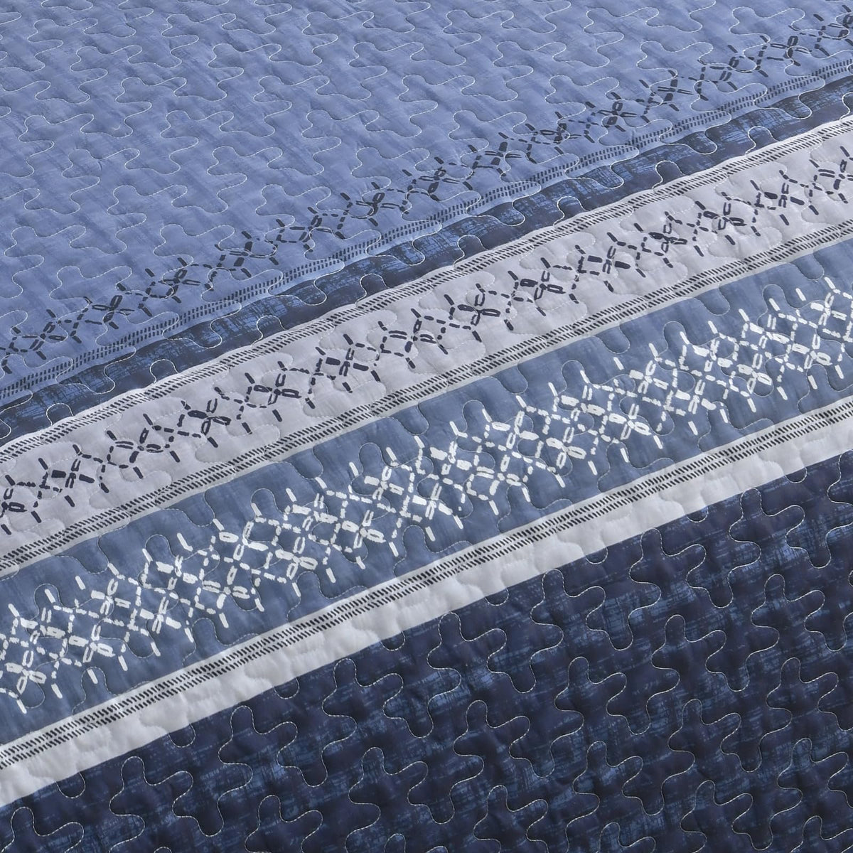 Quilt Bedding Set, Navy Blue Patchwork Striped Bedspread
