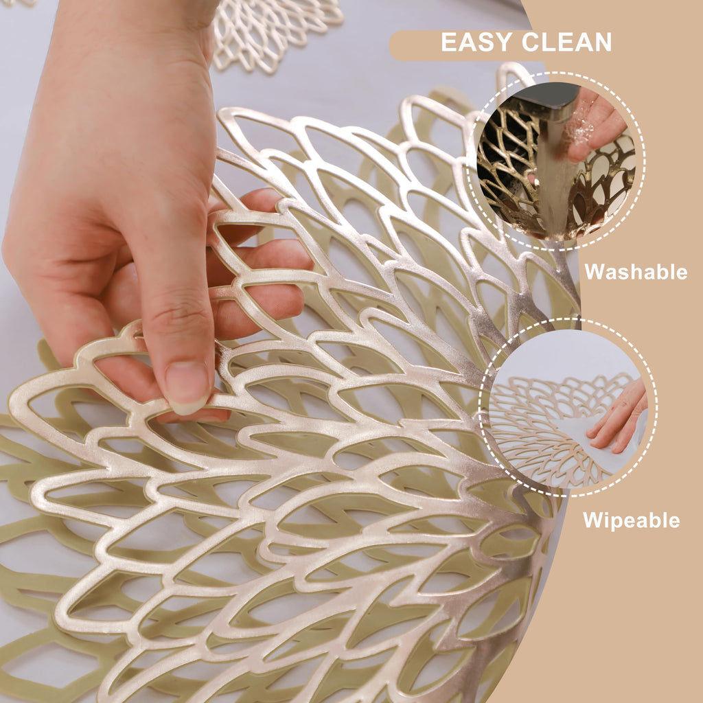 Pack of 18 Gold Placemats Metallic Round Leaf Bulk Pressed Vinyl Dinning Kitchen Table Charger Mats Decorations for