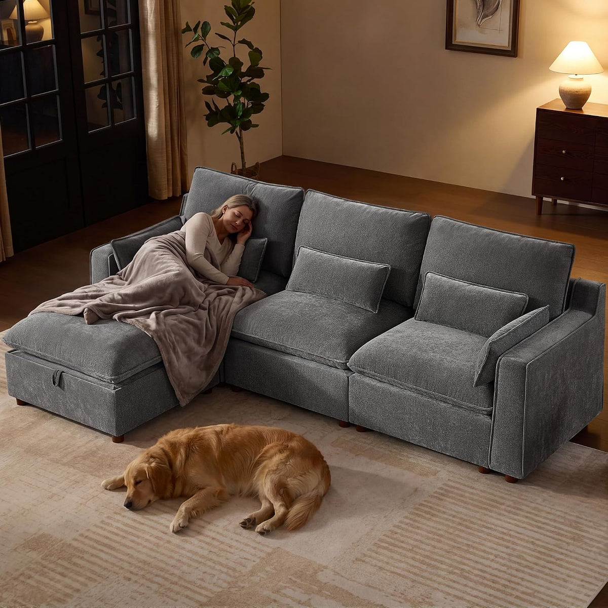 Modern Modular Sectional Sofa,103" L Shape Minimalist Couch with Storage Ottoman,Comfty 4 Seat Sofa ,Grey Chenille